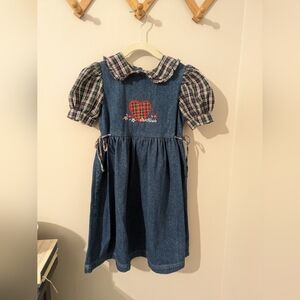 Vintage Rare Oshkosh Collection Plaid Denim Dress with Heart Embroidery